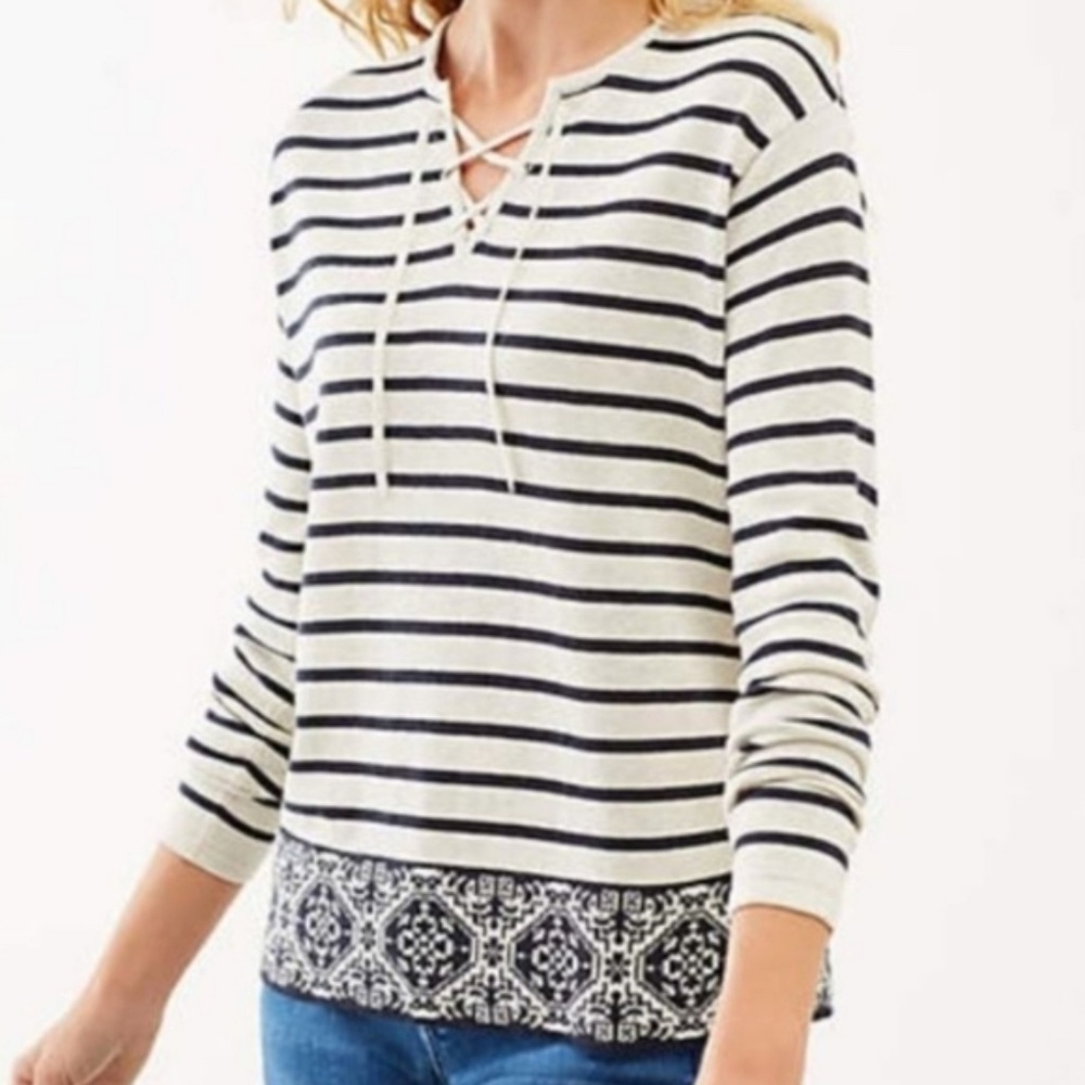 J. Jill Nautical Stripe cotton blend lace up Sweater Sz MP border print hem